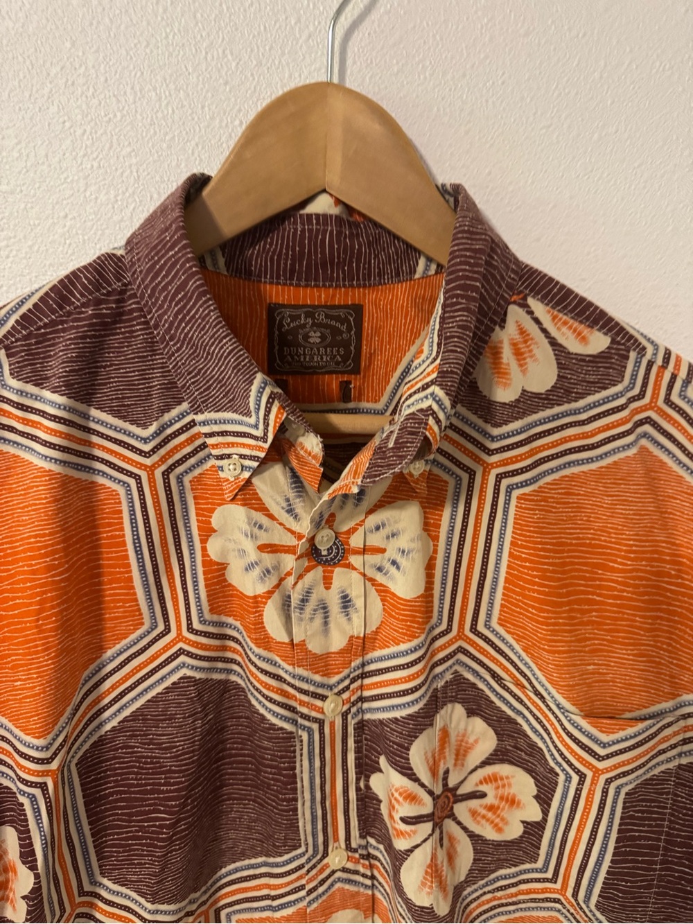 Vintage Lucky Brand Geometric Floral Long Sleeve Button Down Shirt Orange-XL - Picture 3 of 10